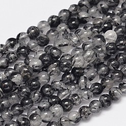 Rutilated Quartz Round Natural Black Rutilated Quartz Beads Strands, Grade AA, 4mm, Hole: 0.8mm, about 100pcs/strand, 15.7 inch