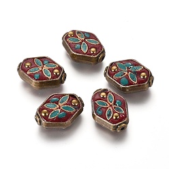 Dark Red Handmade Indonesia Beads, with Alloy Cores, Rhombus, Antique Bronze, Dark Red, 20x15x7mm, Hole: 1mm