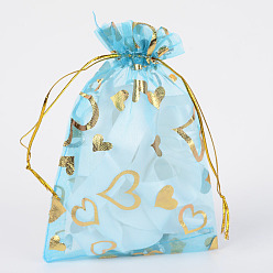Light Sky Blue Heart Printed Organza Bags, Gift Bags, Rectangle, Light Sky Blue, 14x10cm