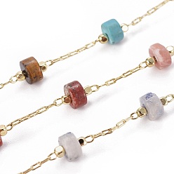 Mixed Stone Handmade Natural & Synthetic Mixed Stone Beaded Chains, with Brass Chains, with Spool, Long-Lasting Plated, Soldered, Golden, 5.5~6mm, Llink: 5.5~6x4~4.5mm and 2x1x0.2mm, about 32.8 Feet(10m)/roll