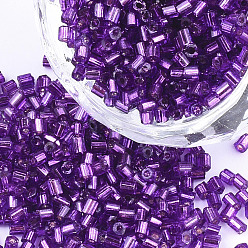 Blue Violet Grade A Glass Seed Beads, Hexagon(Two Cut), Silver Lined, Blue Violet, 1.5~2.5x1.5~2mm, Hole: 0.8mm, about 2100pcs/bag, 450g/bag