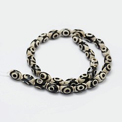 Black Tibetan Style 3-Eye dZi Beads Strands, Natural Agate Beads, Dyed & Heated, Barrel, Black, 12x8mm, Hole: 2mm, about 30pcs/strand, 13.9 inch(355mm)