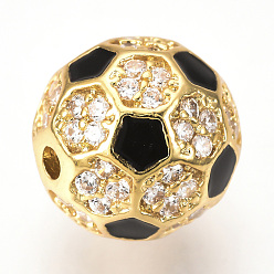 Золотой Латунные микро проложить кубического циркония бусы, с эмалью, футбол / футбольный мяч, золотые, 9.5~10 мм, отверстие : 1.5 мм