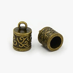 Antique Bronze Tibetan Style Cord Ends, Column, Cadmium Free & Nickel Free & Lead Free, Antique Bronze, 13x8.5x8.5mm, Hole: 2mm