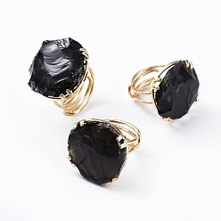 Obsidian Adjustable Natural Rough Raw Obsidian Finger Rings, with Brass Findings, Nuggets, Golden, Size 8~9, 18~19.5mm