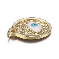 Real 18K Gold Plated Brass Enamel Pendants, Long-Lasting Plated, Flat Round with Horse Evil Eye, White, Real 18K Gold Plated, 19.5x16.5x2.5mm, Hole: 3.5mm