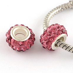 Rose Polymer Clay Rhinestone European Large Hole Beads with Silver Color Plated Brass Cores, Rondelle, Rose, 11~12x7~7.5mm, Hole: 5mm