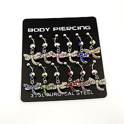 Mixed Color Mixed 316L Surgical Stainless Steel Dangle Belly Button Rings, with Alloy Rhinestone Charms, Mixed Color, 25x8~10mm, Bar Length: 7/16"(11mm), Pin: 15 Gauge(1.5mm), about 12pcs/board