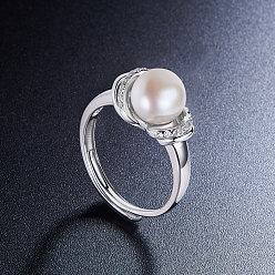 Белый Кольцо на палец Shegrace с родиевым покрытием 925 стерлингового серебра, микропавеетный узелок из циркония с пресноводным жемчугом, платина, белые, 18 мм
