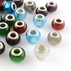 Mixed Color Handmade Silver Foil Glass European Beads, with Silver Color Plated Brass Cores, Rondelle, Mixed Color, 14x10mm, Hole: 5mm