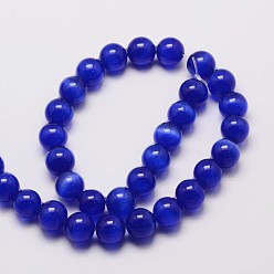 Medium Blue Cat Eye Beads Strands, Round, Medium Blue, 10mm, Hole: 1.5mm, about 40pcs/strand, 15.5 inch