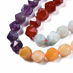 Mixed Stone Chakra Theme Natural Tiger Eye & Rose Quartz & Amethyst & Topaz Jade & Red Agate & Amazonite & Sodalite Beads Strands, Star Cut Round Beads, Faceted, 8~10x7~8mm, Hole: 1mm, about 48~49pcs/strand, 15.35 inch(39cm)