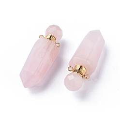 Rose Quartz Faceted Natural Rose Quartz Openable Perfume Bottle Pointed Pendants, with Golden Plated 304 Stainless Steel Findings, Bullet, 44~46x15x13~13.5mm, Hole: 1.8mm, Bottle Capacity: 1ml(0.034 fl. oz)