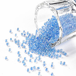 Dodger Blue 11/0 Grade A Round Glass Seed Beads, Transparent Inside Colours, AB Color Plated, Dodger Blue, 2.3x1.5mm, Hole: 1mm, about 48500pcs/pound
