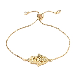 Golden Adjustable Brass Micro Pave Clear Cubic Zirconia Bolo Bracelets, Slider Bracelets, with Box Chains, Hamsa Hand/Hand of Fatima/Hand of Miriam, Golden, Inner Diameter: 5/8~2-7/8 inch(1.6~7.2cm)