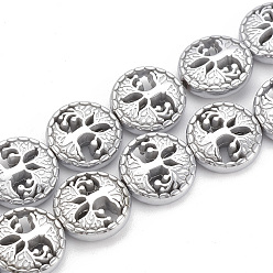 Platinum Plated Electroplate Non-magnetic Synthetic Hematite Beads Strands, Flat Round with Tree of Life, Platinum Plated, 12~12.5x4~4.5mm, Hole: 1mm, about 30pcs/strand, 14.56 inch