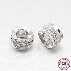 Silver 925 Sterling Silver Cubic Zirconia European Beads, Column, Silver, 7x4mm, Hole: 3mm