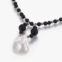 Noir Colliers pendentif coquille spirale, avec des perles d'hématite synthétique non magnétiques et des perles de pierre de lave naturelle et 304 apprêts en acier inoxydable, sacs de cordon de toile de jute, noir, 18.4 pouce (46.9 cm), shell: 23.5x18x3 mm