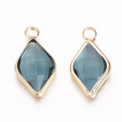 Steel Blue Glass Pendants, with Brass Findings, Faceted, Rhombus, Nickel Free, Raw(Unplated), Steel Blue, 18x10x4.5mm, Hole: 2mm
