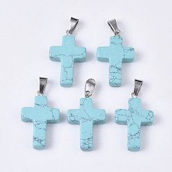 Synthetic Turquoise Synthetic Turquoise Pendants, with Stainless Steel Peg Bails, Cross, Stainless Steel Color, 28~30x18x6mm, Hole: 7x3.5mm