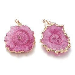 Hot Pink Dyed Natural Druzy Solar Quartz Crystal Pendants, Edge Plated, with Brass Bails, Sunflower, Golden, Hot Pink, 40~50x30~45x5~6mm, Hole: 4x6mm