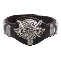 Coconut Brown Punk Rock Wolf Alloy Cowhide Cord Studded Bracelets, Coconut Brown, 230x43 mm