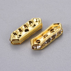 Golden Middle East Rhinestone, 6 pcs Clear Rhinestone Beads, Brass, Golden Color, Nickel Free, Size: about 5mm wide, 16mm long, 3mm thick, hole: 1mm, 3 holes