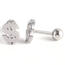 Stainless Steel Color 201 Stainless Steel Barbell Cartilage Earrings, Screw Back Earrings, with 304 Stainless Steel Pins, Dollar Sign, Stainless Steel Color, 8x6x2mm, Pin: 1mm