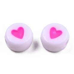 Rose Chaud Perles acryliques opaques, avec l'émail, plat et circulaire avec coeur, rose chaud, 7x3.5mm, Trou: 1.2mm, environ3600~3700 pcs / 500 g