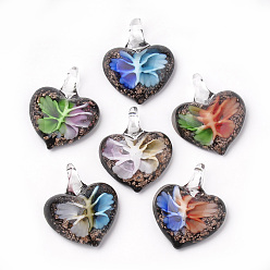 Mixed Color Handmade Gold Sand Lampwork Pendants, Inner Flower, Heart, Mixed Color, 41~46x36~38x15~16mm, Hole: 8mm, Box Size: 20x19.5x1.3cm, about 12pcs/box