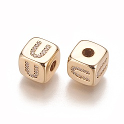 Letter U Brass Micro Pave Cubic Zirconia Beads, Horizontal Hole, Real 18K Gold Plated, Long-Lasting Plated, Cube with Letter, Clear, Letter.U, 9x9x9mm, Hole: 3.5mm