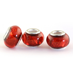 Красный Cmолы европейские шарики, бусины с большими отверстиями в форме шайбы, с серебряного цвета латуни двойные сердечники, красные, 13.5~14x9.5~10 мм, отверстие : 5 мм