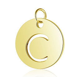 Letter C 304 Stainless Steel Charms, Flat Round with Letter, Golden, Letter.C, 12x1mm, Hole: 2.5mm
