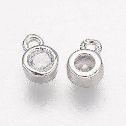 Real Platinum Plated Brass Micro Pave Grade AAA Cubic Zirconia Charms, Lead Free & Nickel Free & Cadmium Free, Flat Round, Real Platinum Plated, 6.5~7.5x4.3x2mm, Hole: 1mm