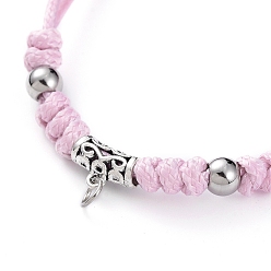 Pearl Pink Braided Bead Bracelets, with Waxed Polyester Cord, Tibetan Style Alloy Tube Bails and 304 Stainless Steel Beads, Antique Silver & Stainless Steel Color, Pearl Pink, 1 inch~4-3/8 inch((2.6~11cm)