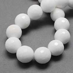 White Natural Jade Bead Strands, Dyed, Faceted, Round, White, 14mm, Hole: 2mm, 28pcs/strand, 14.6 inch