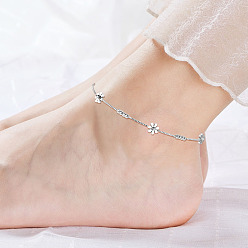 Platinum SHEGRACE Titanium Steel Anklets, with Box Chains and Round Beads, Daisy, Platinum, 7-7/8 inch(20cm)