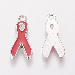 Red Alloy Enamel Pendants, Lead Free and Cadmium Free, Aids Awareness Ribbon, Platinum Metal Color, Red, 19x8x1mm, Hole: 2mm