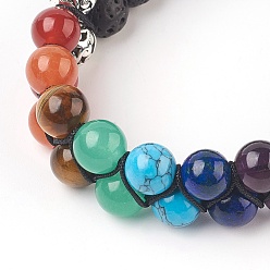 Lave Bracelets de perles tressées chakra pierre de lave naturelle, avec des pierres naturelles et synthétiques et des alliages synthétiques, argent antique, 2-3/8 pouce (6 cm)