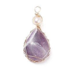 Amethyst Natural Amethyst Copper Wire Wrapped Pendants, with Grade A Natural Cultured Freshwater Pearl, Real 18K Gold Plated, Teardrop, 38~43x19~19.5x8~8.5mm, Hole: 3.5~3.8mm