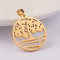 Golden Ion Plating(IP) 304 Stainless Steel Pendants, Flat Round with Tree, Golden, 27x25x2mm, Hole: 6x4mm