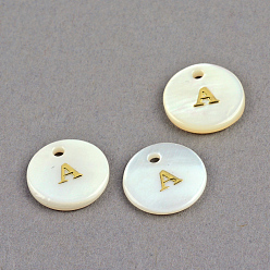 Letter Freshwater Shell Pendants, Flat Round with Gold Blocking Letter, Random Mixed Letters, 11.5x2mm, Hole: 1.5mm