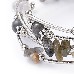 Labradorite Cinq boucles naturelles en labradorite et pierre de lune, laiton avec des perles tubulaires, perles d'espacement en fer et chapeaux de perles en alliage de style tibétain, 2-1/4 pouce (5.6 cm)