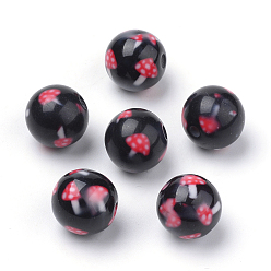 Noir Perles acryliques imprimés opaques, rond avec motif de champignons, noir, 10x9.5mm, Trou: 2mm