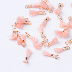 Light Salmon Polycotton(Polyester Cotton) Tassel Pendant Decorations, with Unwelded Iron Jump Rings, Golden, Light Salmon, 10~16x2mm, Hole: 1.5mm