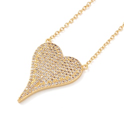Clear Brass Micro Pave Cubic Zirconia Heart Pendant Necklaces, with Lobster Claw Clasps, Long-Lasting Plated, Real 18k Gold Plated, Clear, 16-1/4 inch(41.4cm)