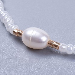 White Adjustable Nylon Thread Braided Beads Bracelets, with Glass Seed Beads and Grade A Natural Freshwater Pearls, White, 2-1/8 inch(5.3cm)