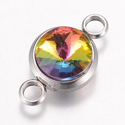 Colorful K9 Glass Links connectors, Faceted, with 304 Stainless Steel Findings, Flat Round, Stainless Steel Color, Colorful, 17.5x10x6.5mm, Hole: 2.5mm