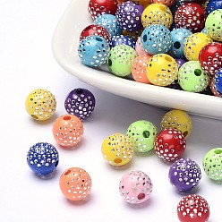 Couleur Mélangete Perles acryliques plaquées, métal enlacée, ronde, couleur mixte, 8x8mm, Trou: 2mm, 1700 pcs / 500 g