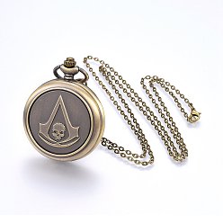 Antique Bronze Alloy Pendant Necklace Quartz Pocket Watches, with Iron Chains and Lobster Claw Clasps, Flat Round with Skull, Antique Bronze, 31.9 inch(81cm), Watch: 65x47x14mm